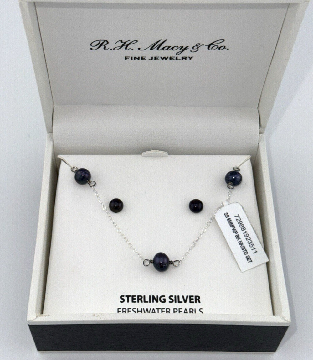 Freshwater Pearl Necklace + Earrings Set Sterling Silver 6mm 3 Pearl Station NEW